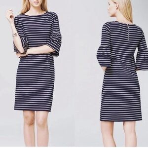 WHBM Navy Blue White Striped Bell Sleeve Dress. Medium